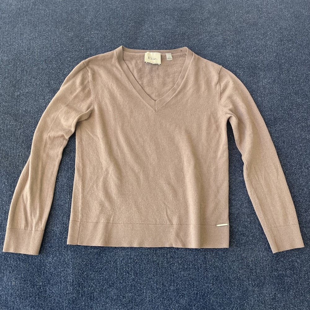 Elie Tahari Sweater Womens Large Brown V Neck Long Sleeve Lightweight Pullover